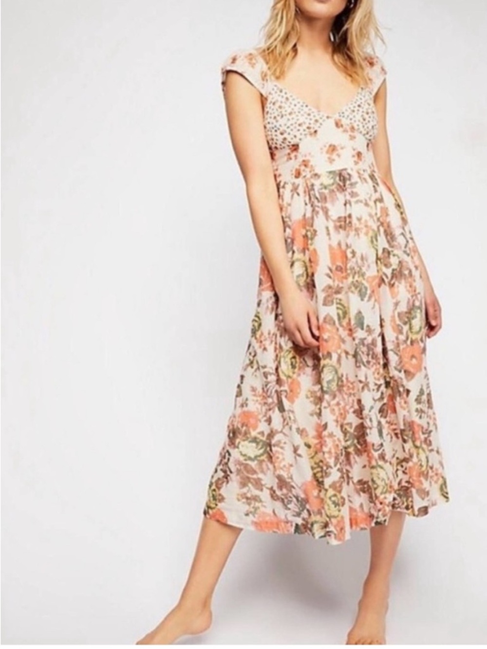 Free People Floral Midi Dress Prairie Cottagecore Smocked Back Pockets S